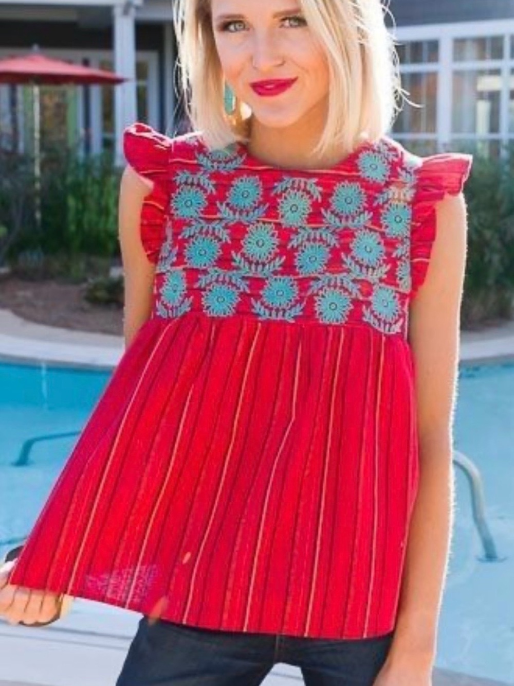 THML Women’s Red Striped Embroidered Ruffle Sleeve Boho Top Blouse Size L
